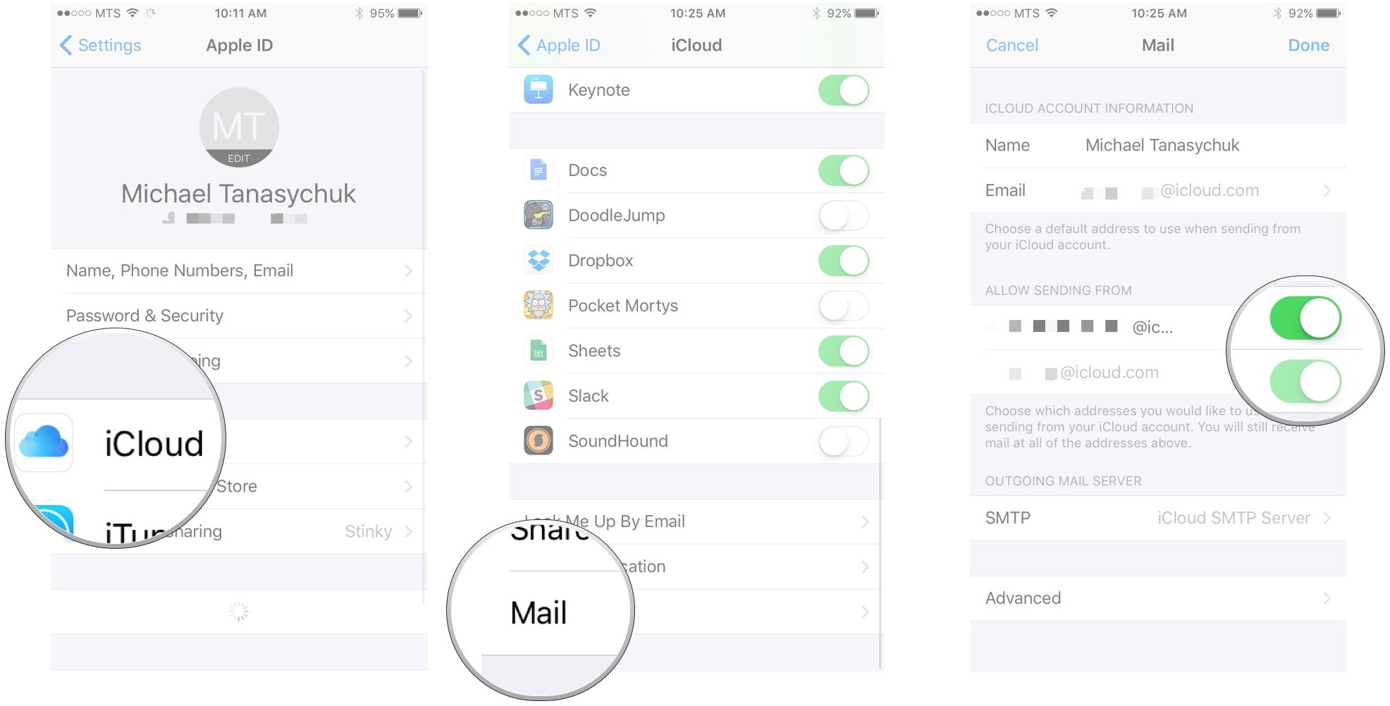 Tap the Apple ID banner, tap iCloud, tap Mail, tap the switches