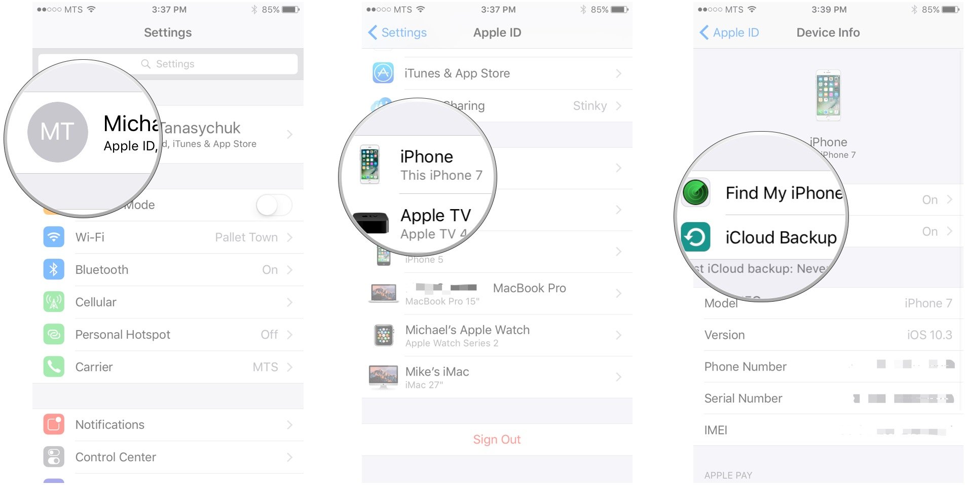 Коснитесь своего Apple ID, коснитесь устройства, коснитесь «Найти iPhone» или «Резервное копирование iCloud».