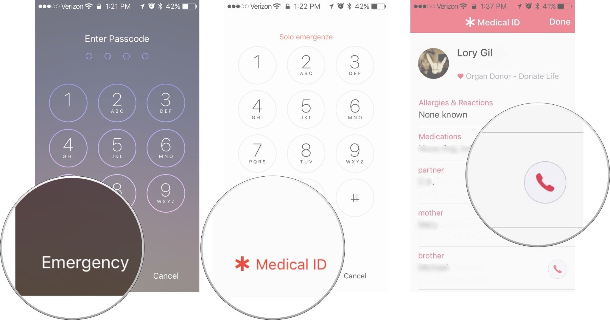 Tap Emergency, then tap Medical ID, then tap the Call icon