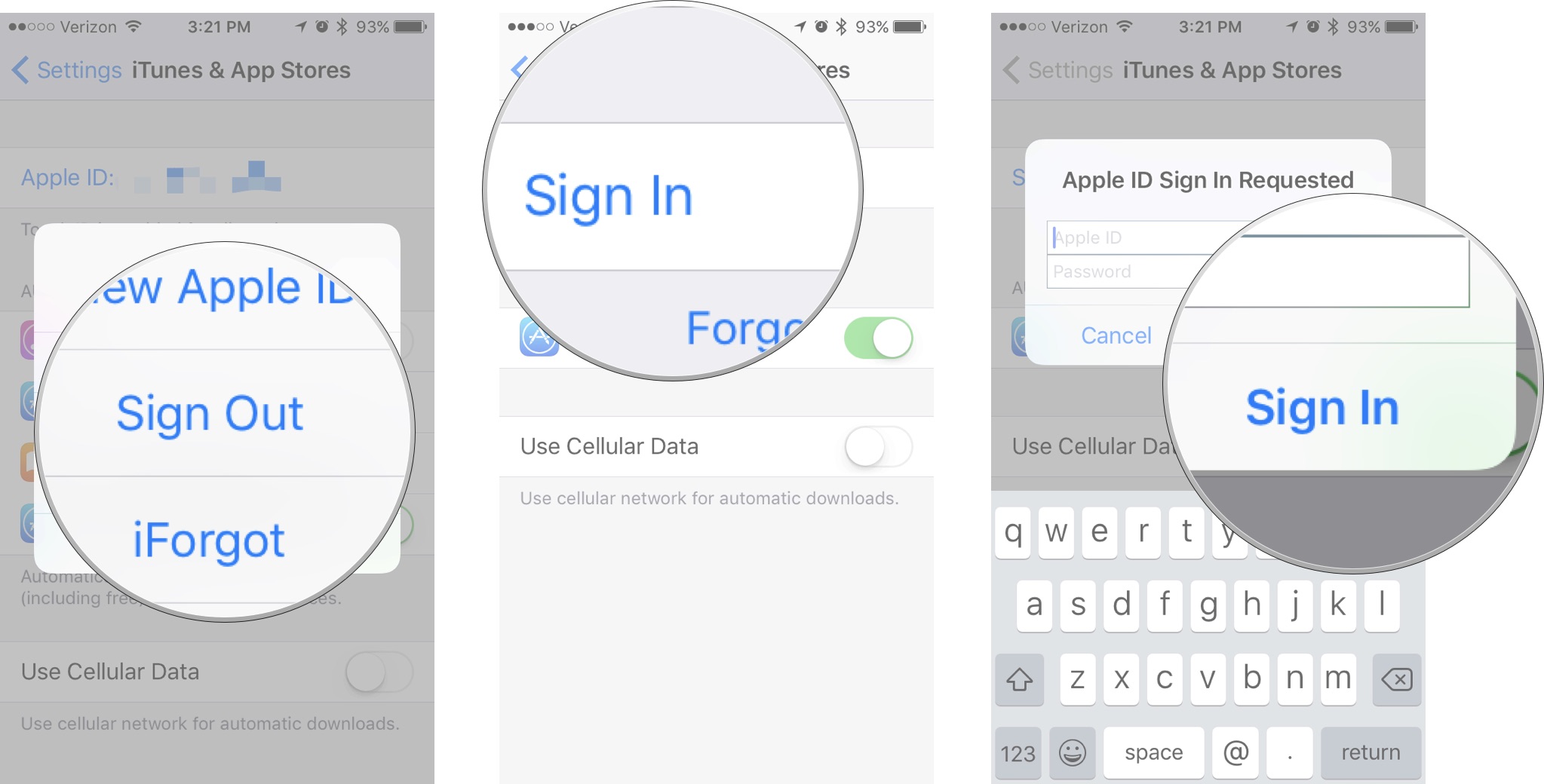Tap Sign out, then tap Sign In, then enter an Apple ID and Password and tap Sign In
