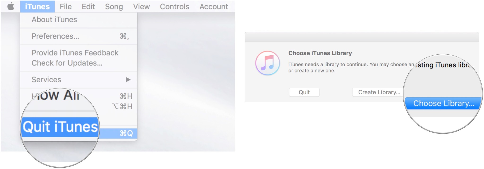 Закройте iTunes, затем запустите iTunes, удерживая клавишу Option, затем нажмите «Выбрать библиотеку».