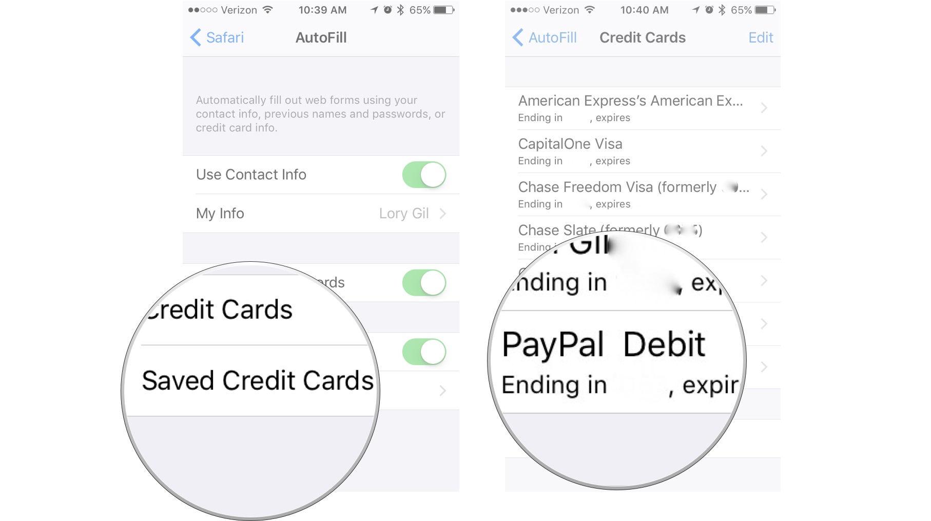 Tap Saved Credit Cards, then tap a credit card