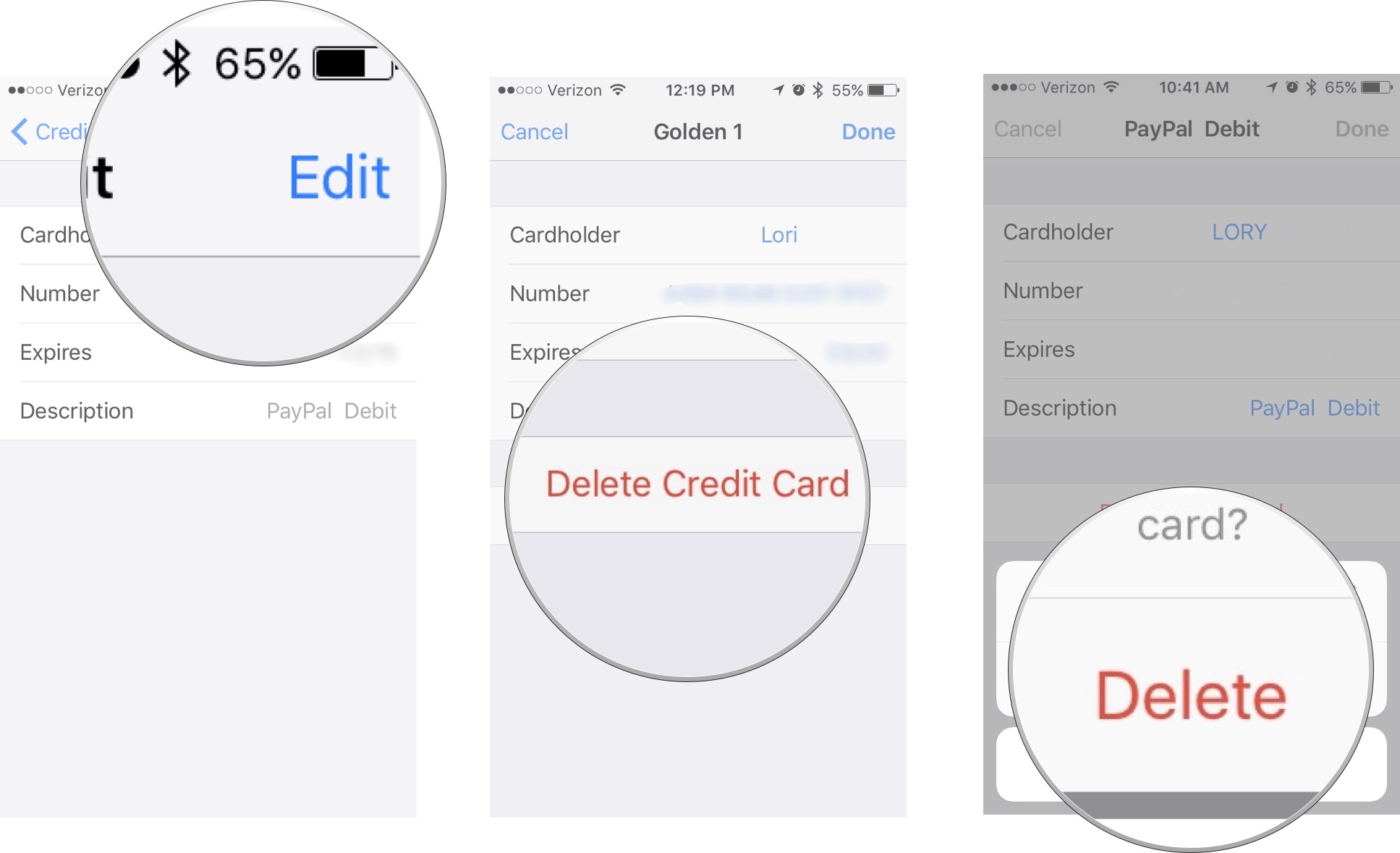 Tap Edit, then tap Delete Credit Card, then tap Delete