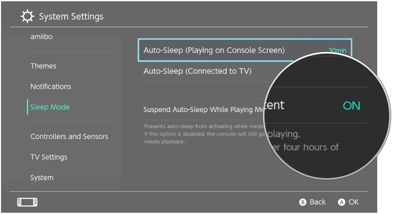 Выберите Suspend Auto Sleep во время воспроизведения мультимедийного содержимого.