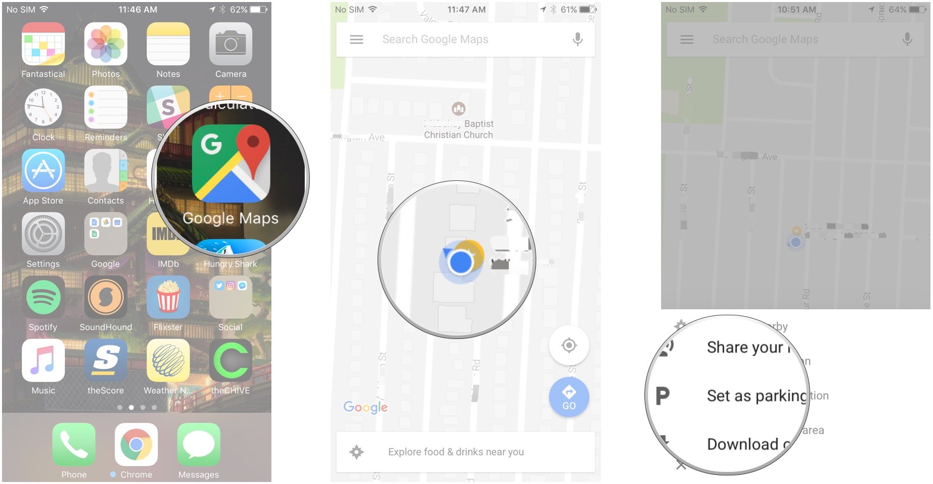 Запустите Google Карты, коснитесь своего местоположения, коснитесь «Установить как место парковки».