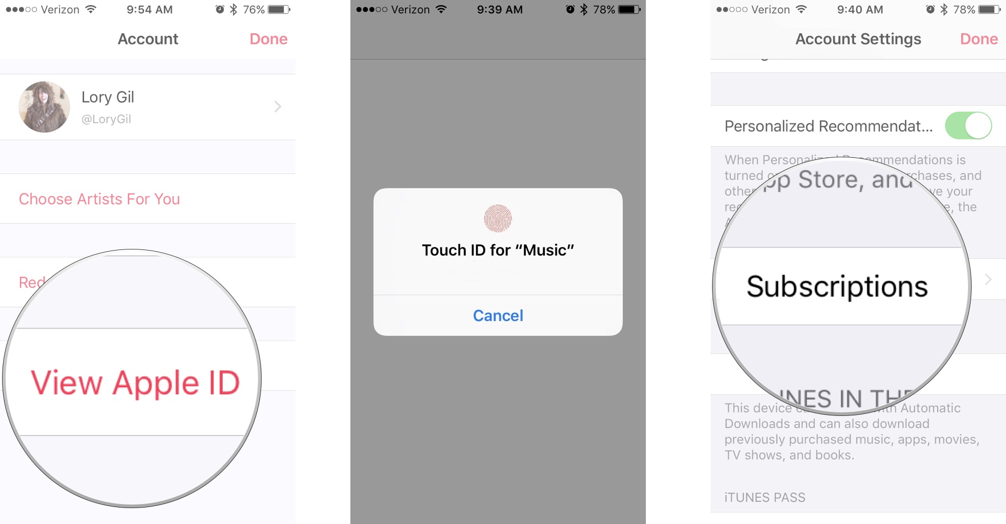 Tap View Apple ID, then enter your Apple ID or Touch ID, then tap Subscriptions