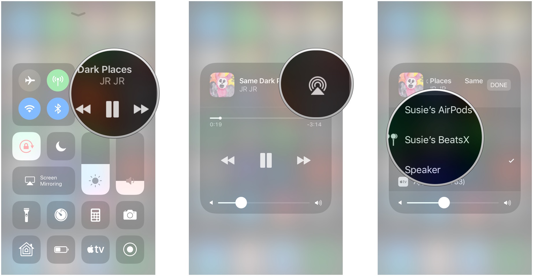 Swipe up from the Home screen to open Control Center, tap the upper right module, 3D Touch or long press the upper right module, tap the AirPlay button, tap the device you want to AirPlay to