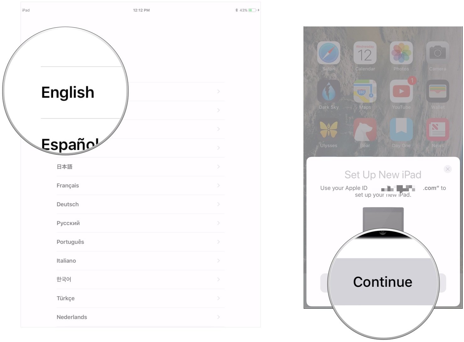 Utilisez la configuration automatique pour transférer des données vers un nouvel iPad en affichant les étapes : choisissez la langue, appuyez sur Continuer