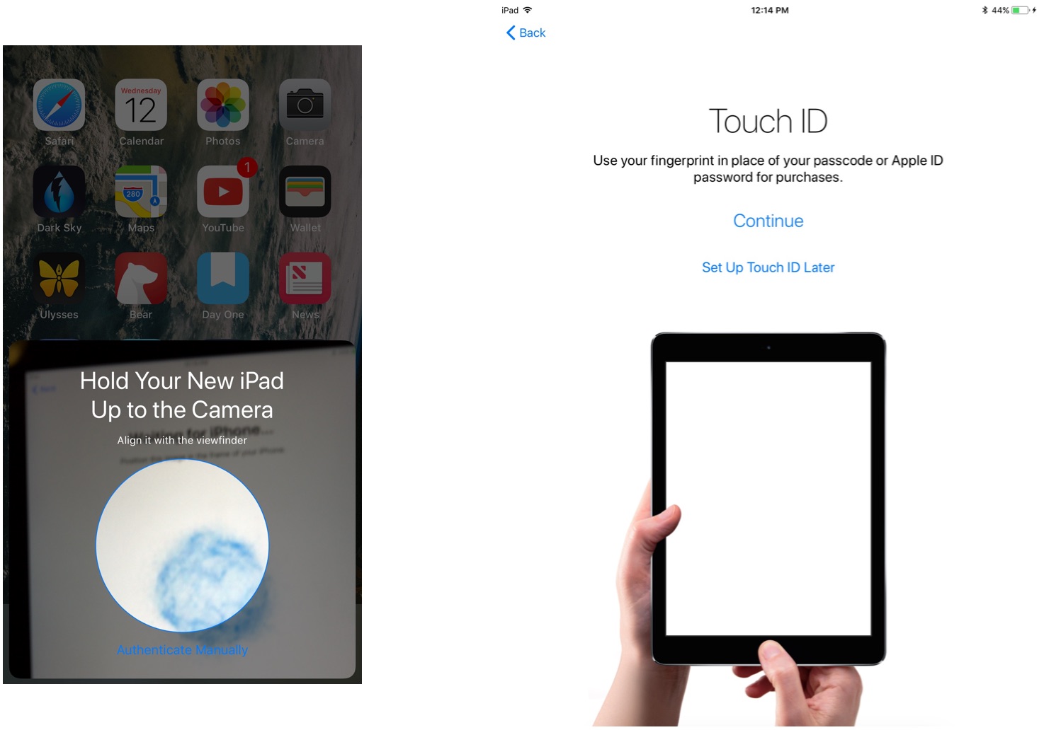 Используйте автоматическую настройку для передачи данных на новый iPad, показывая шаги: отсканируйте изображение, введите пароль, настройте Touch ID.