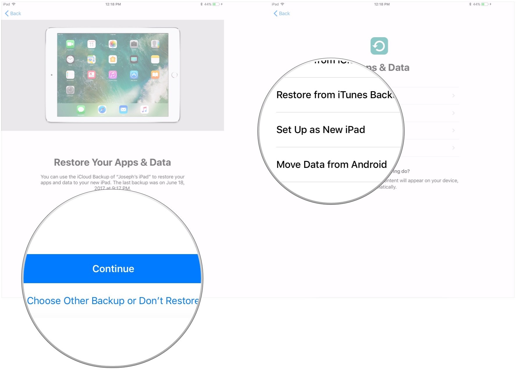 Use Automatic Setup to transfer data to new iPad by showing steps: Choose if you want to restore device