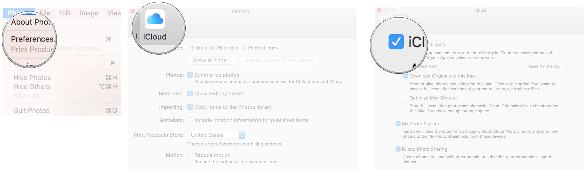 Select preferences from the drop down menu, Click on the iCloud tab, tick the box to enable iCloud Photo Library.