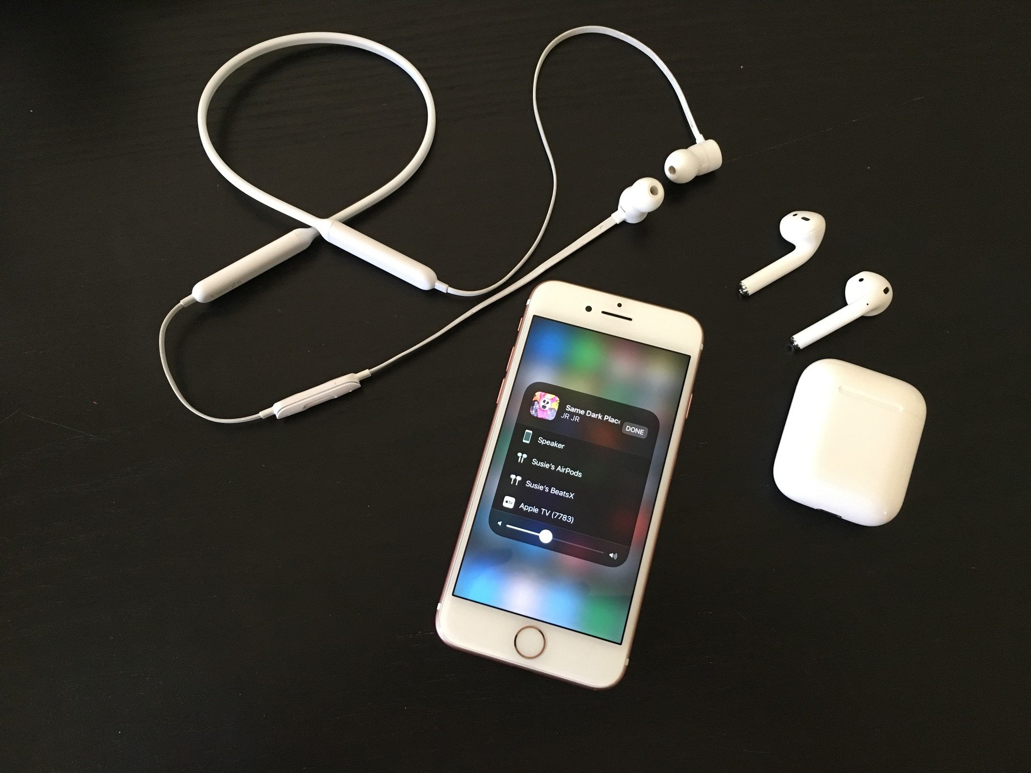 iPhone, BeatsX, AirPods, shown with iOS 11's new Control Center audio controls