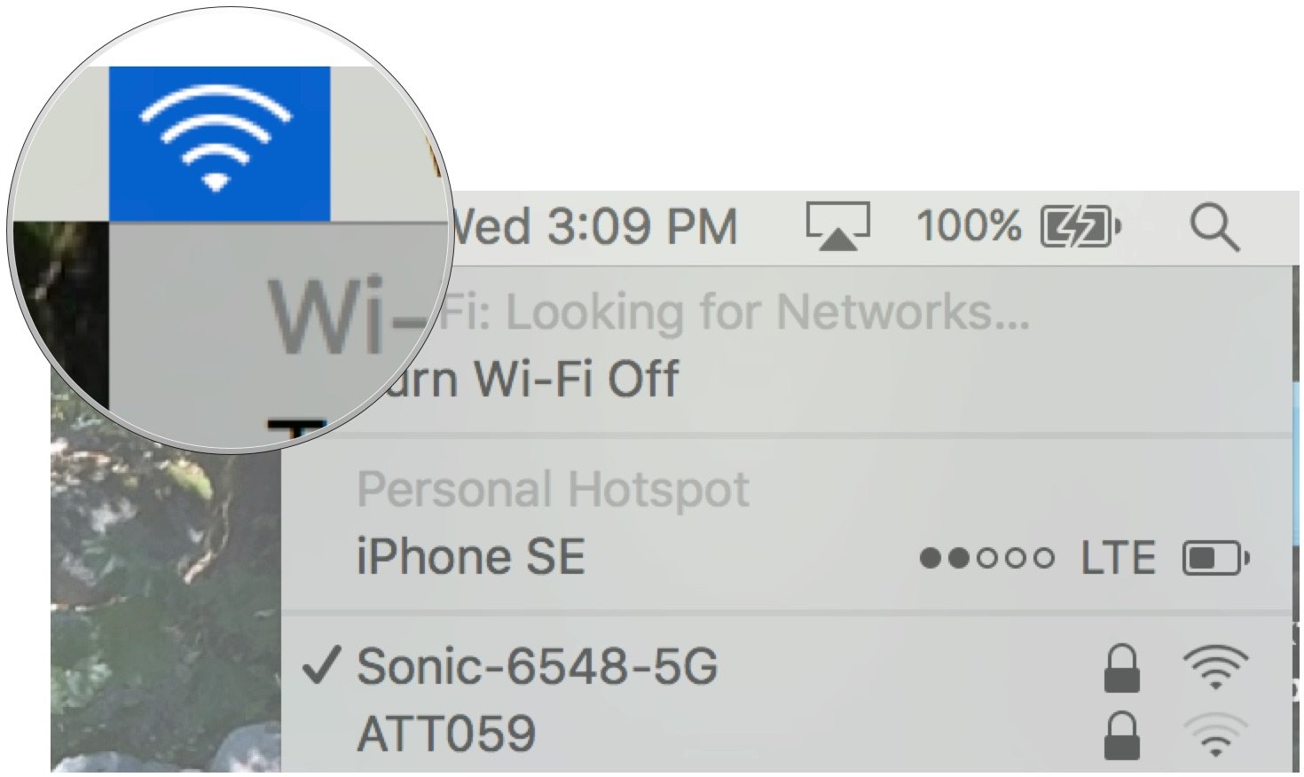 Нажмите на значок Wi-Fi и проверьте имя подключения. 