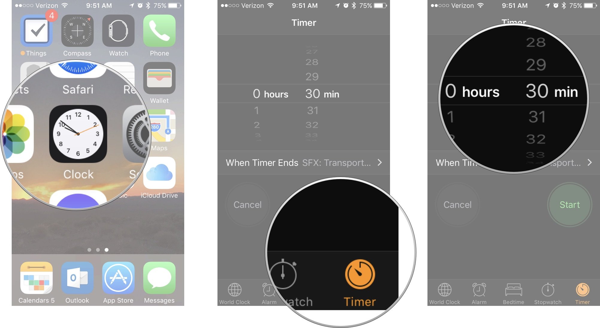 Launch the Clock app, then tap Timer, then select a time
