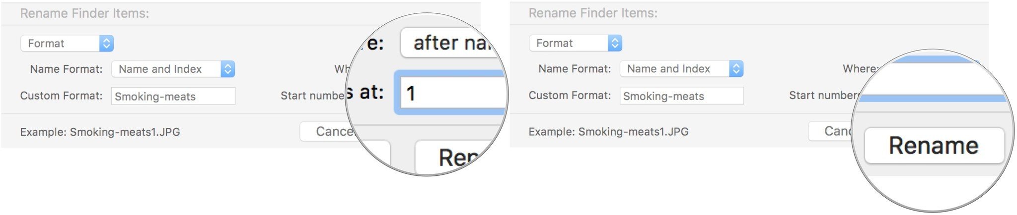 Select a starting number, then click Rename