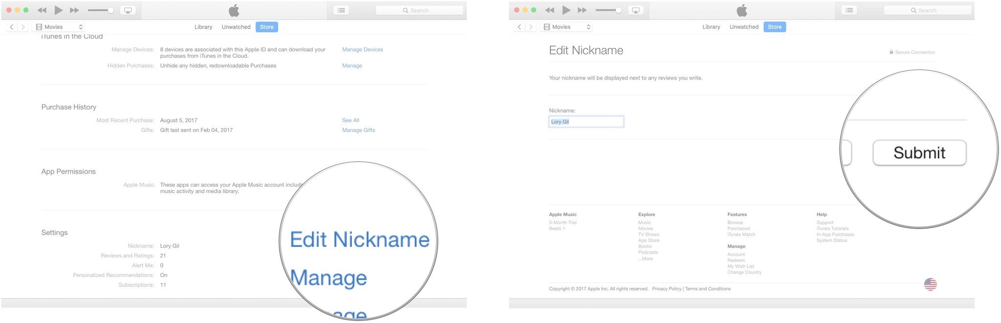 Click on Edit Nickname, then change the nickname and click on Submit