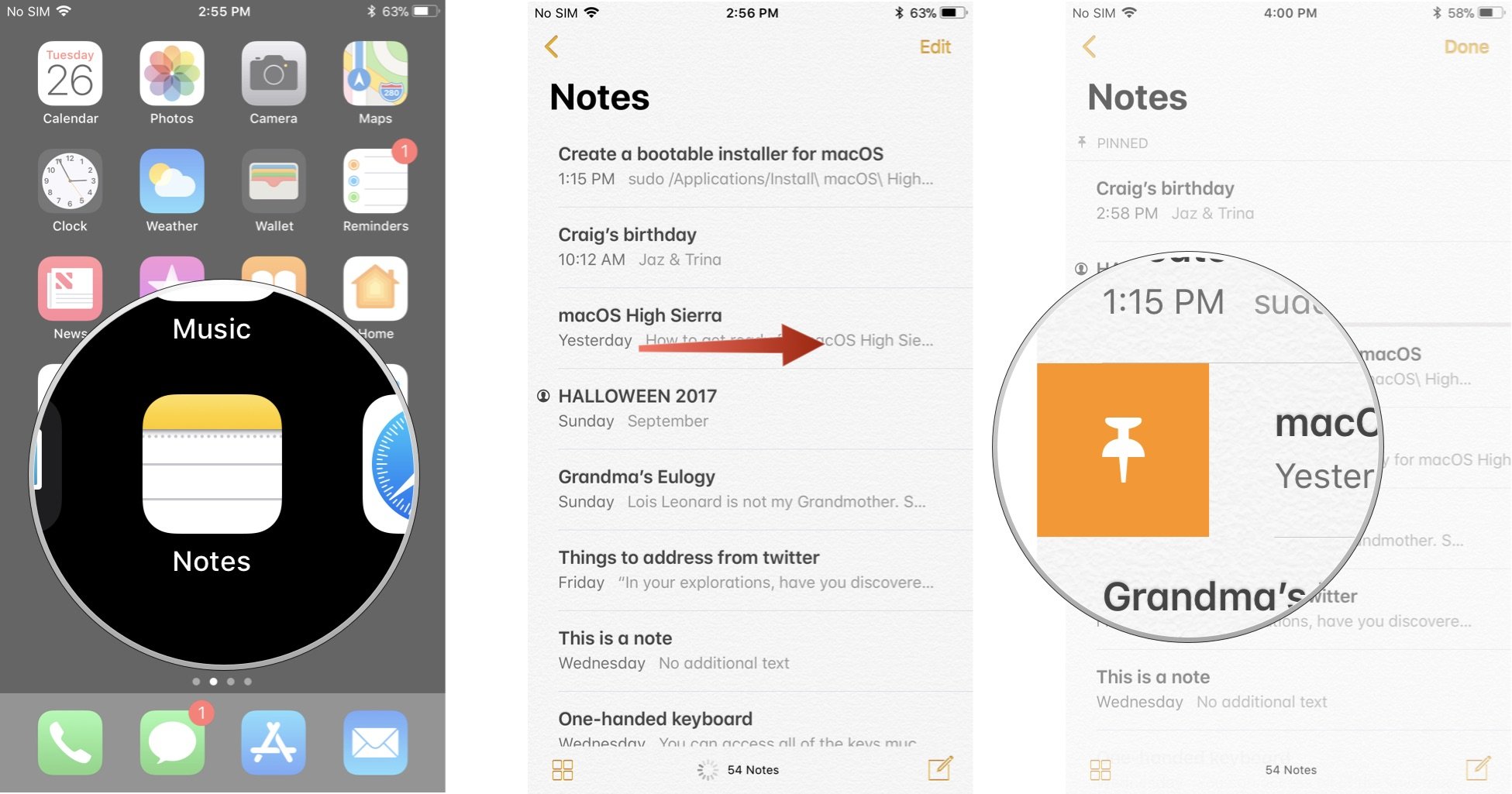 How to pin a note to the top of a list in Notes for iPhone 
