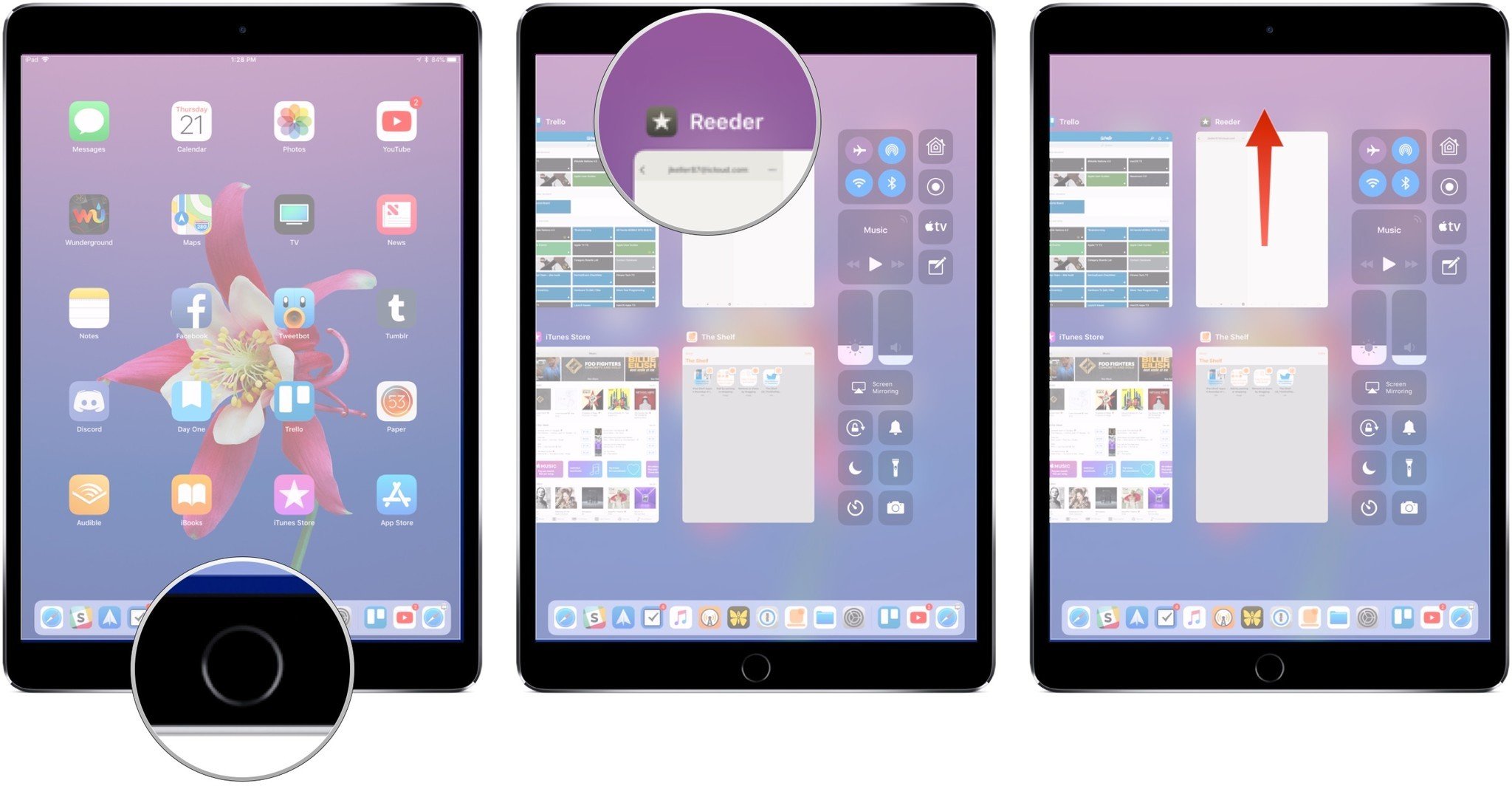 Double-click Home button, find the app, swipe up on it