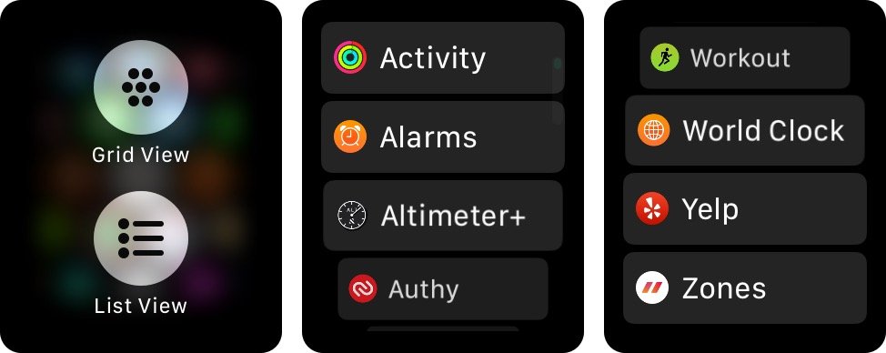 Apple Watch Home Screen List View and Grid View