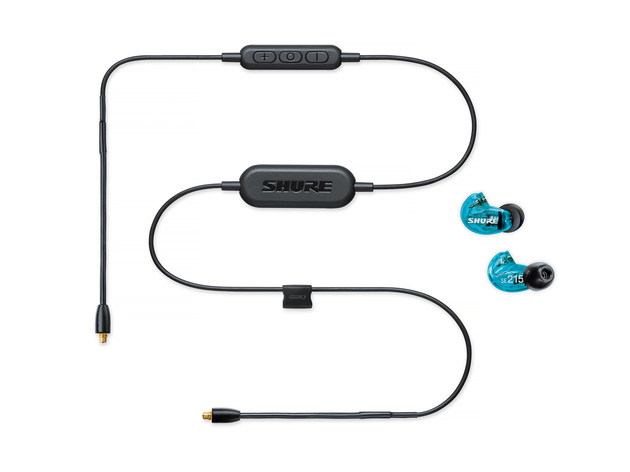 Shure&#39;s Bluetooth accessory cable and detached headphones in translucent blue