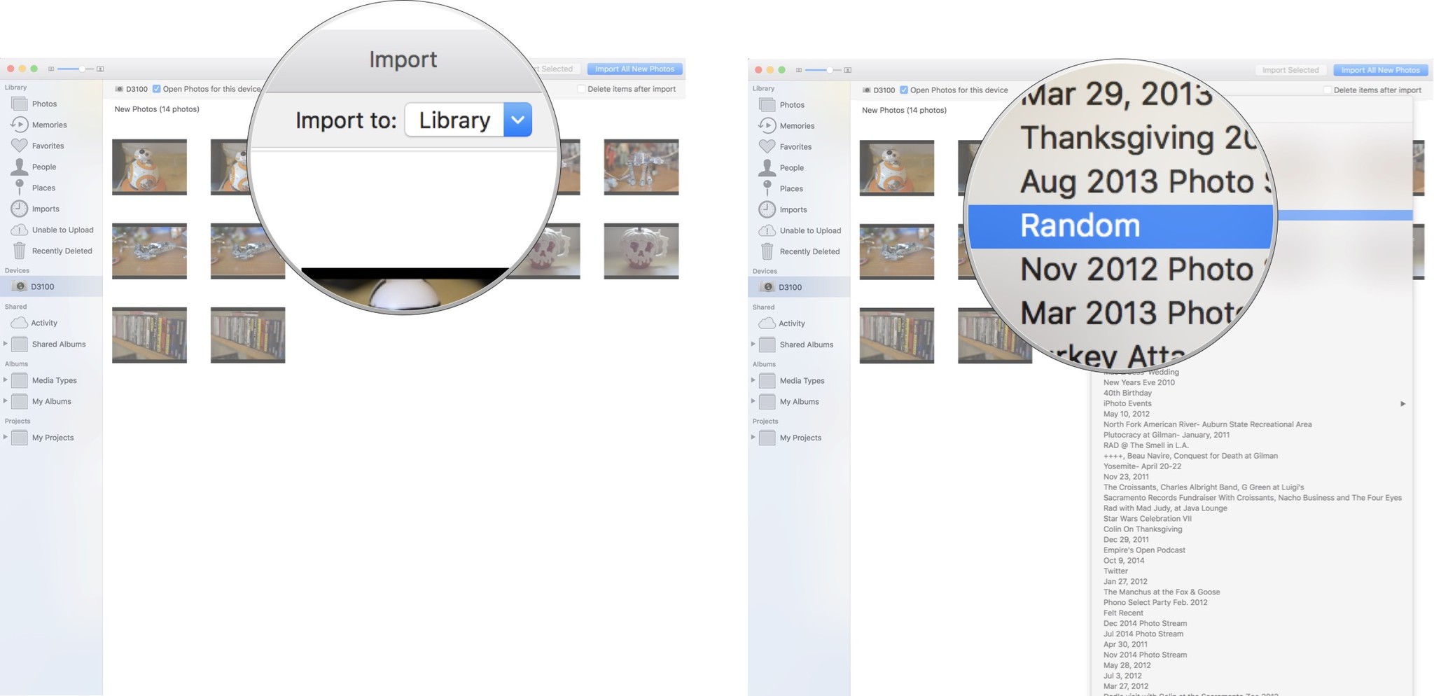 Select folder for imported photos: Click on Library, then click on an album folder
