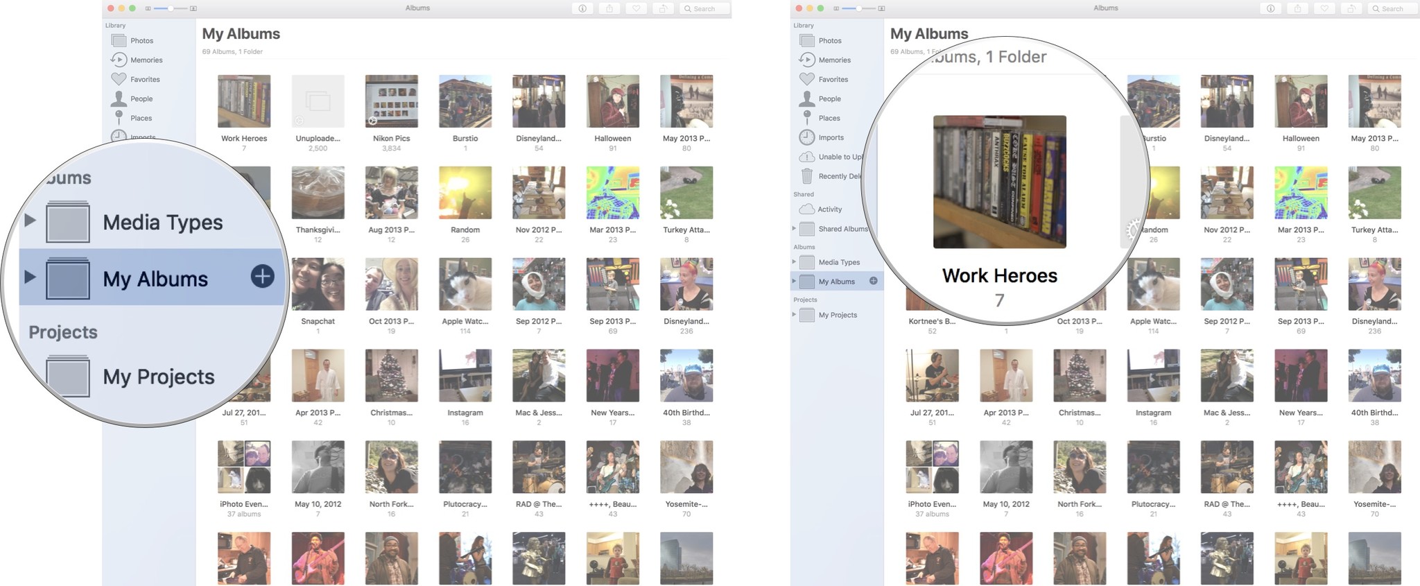 Find photos in album you've created on Mac: Click on My Albums, then double-click on your album