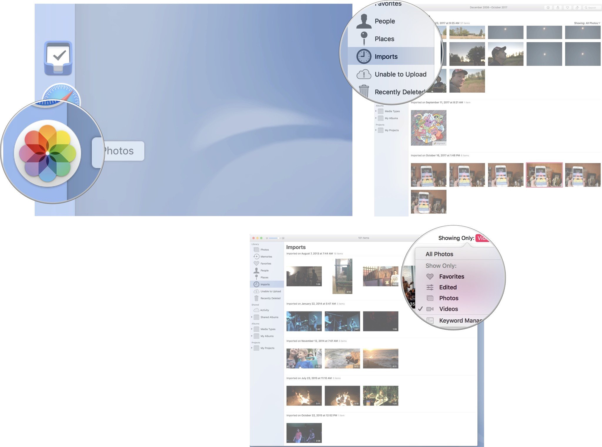 Find imported photos on Mac: Launch the Photos app, then click on Imports. Click on Showing to customize filters