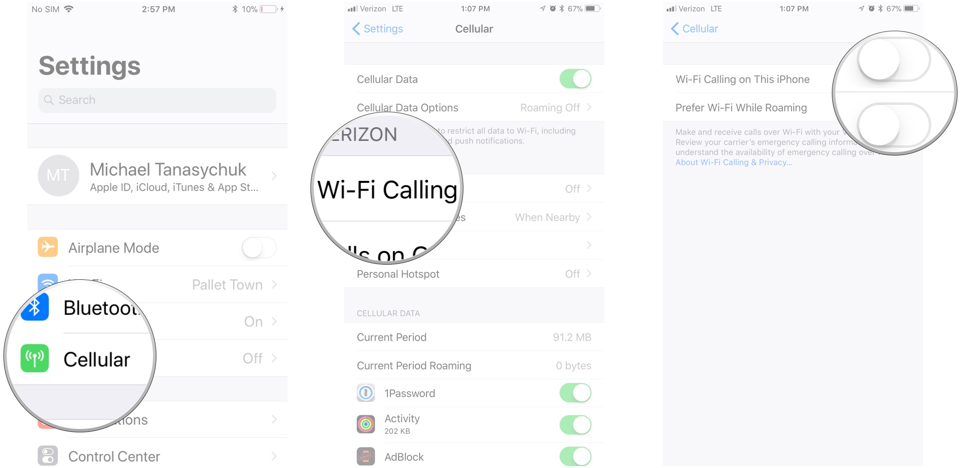 Tap Cellular, tap Wi-Fi Calling, tap the switches
