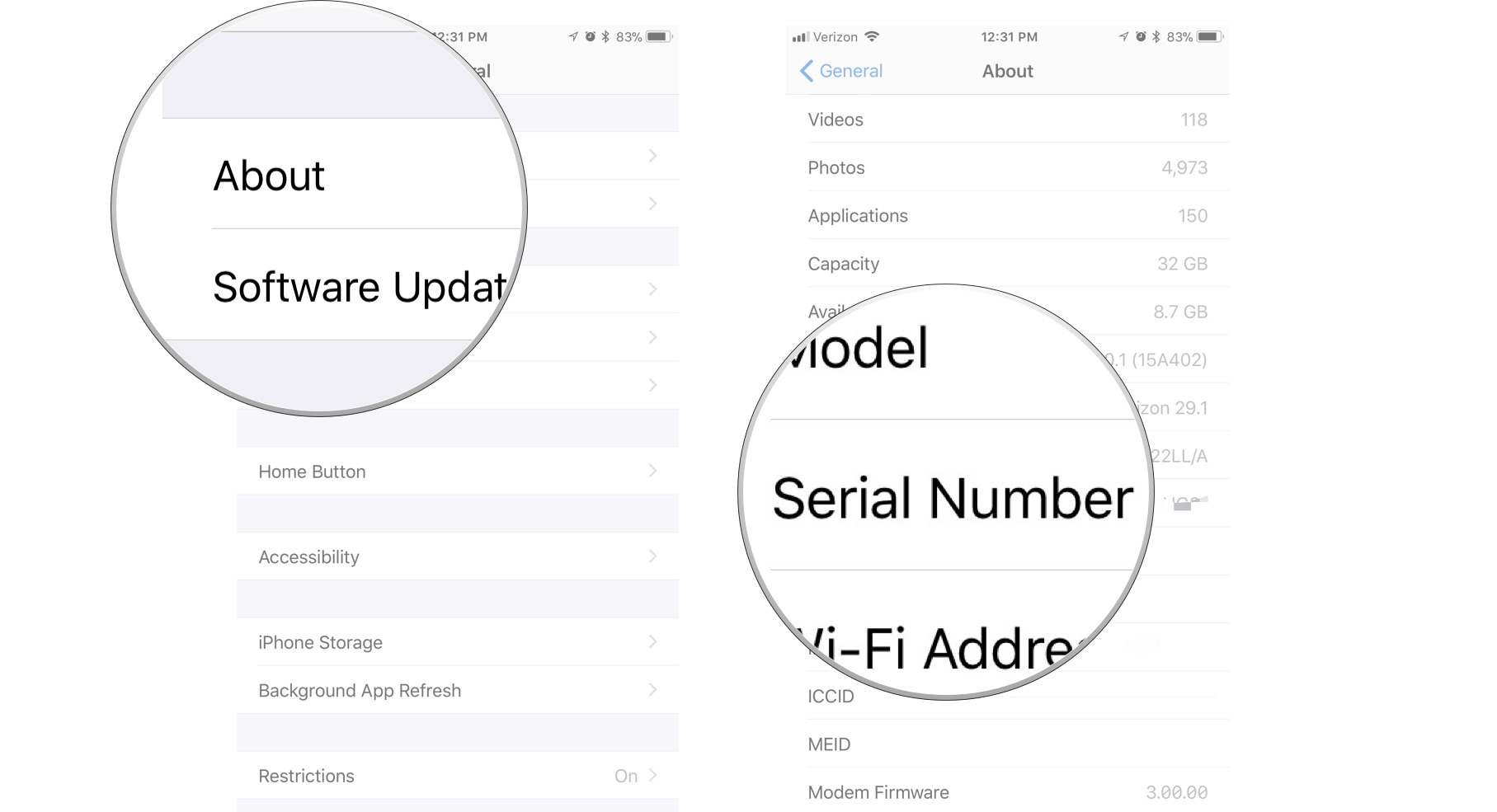 Find Serial number on iPhone: Tap About, then find your serial number