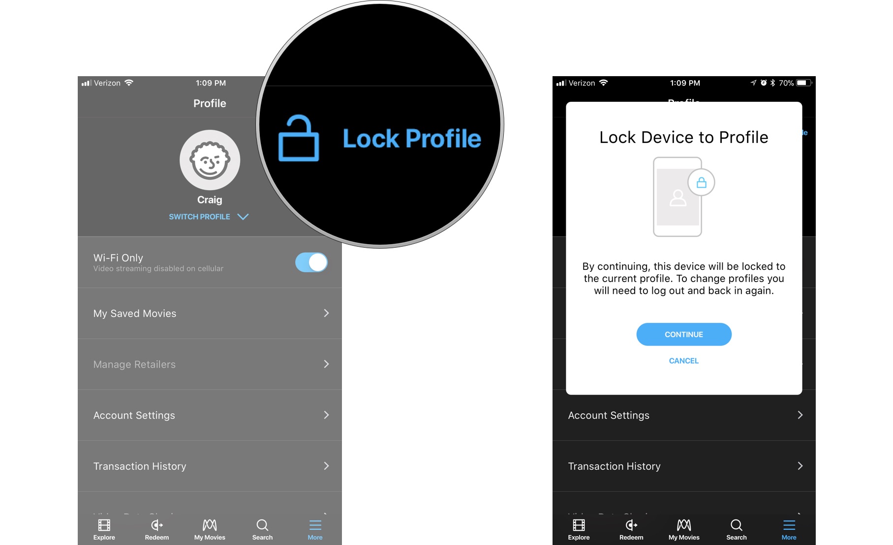 Click on Lock Profile while you&#39;re using a device to lock an age-restricted profile