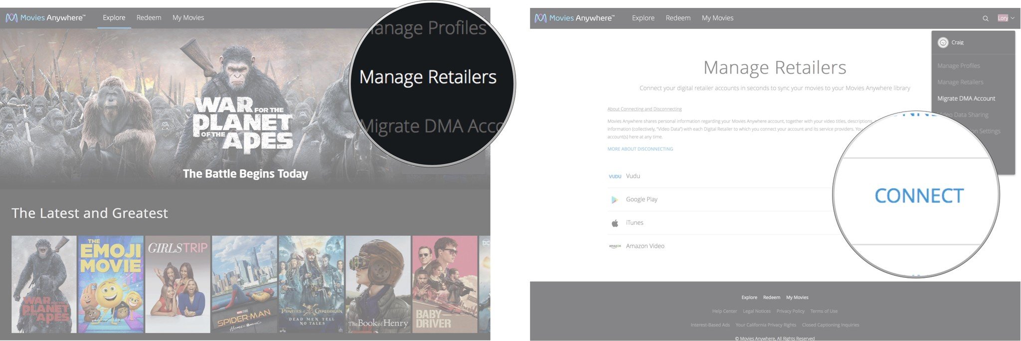 Click on Manage Retailers, then click on Connect to the accounts you want to add
