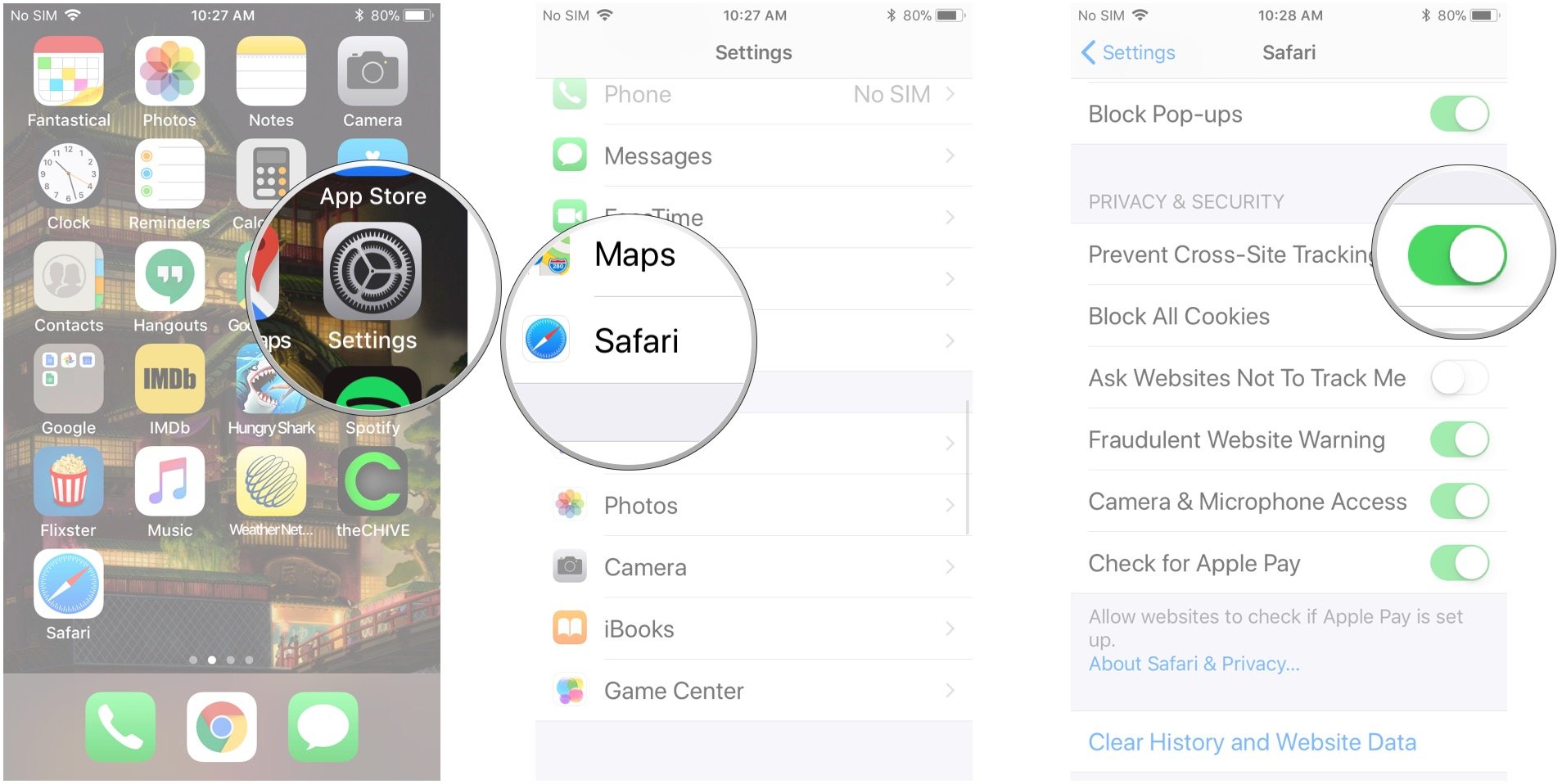 Launch Settings, tap Safari, tap the switch next to Prevent Cross-Site Tracking