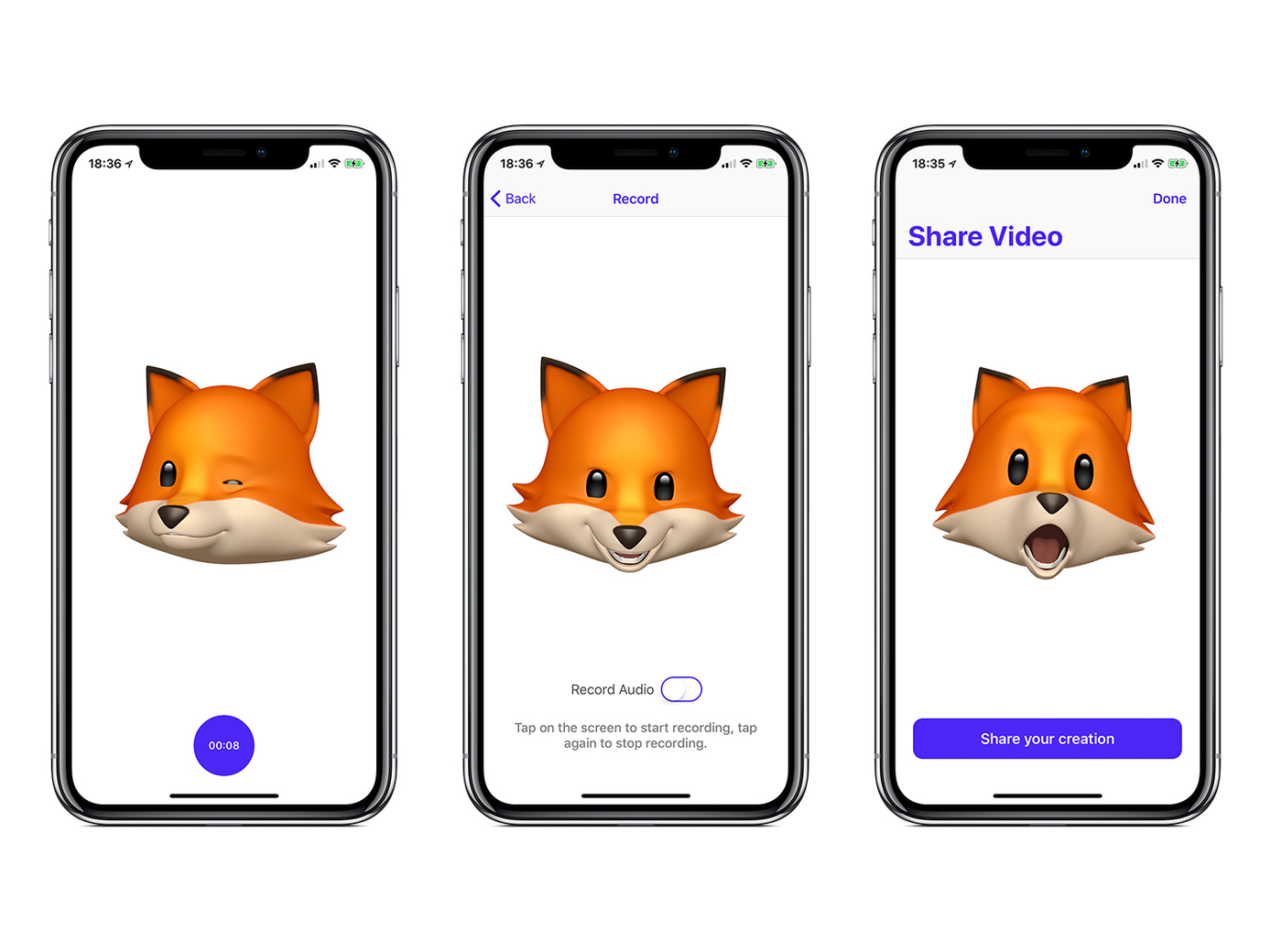 Three iPhone Xs with AnimojiStudio pulled up on the screen. On the first phone, there is an Anomoji of a fox winking. On the second phone, there's an Animoji of a fox making a mischievous face. On the third phone, there is an Animoji of a fox with its mouth open, as if it's singing.