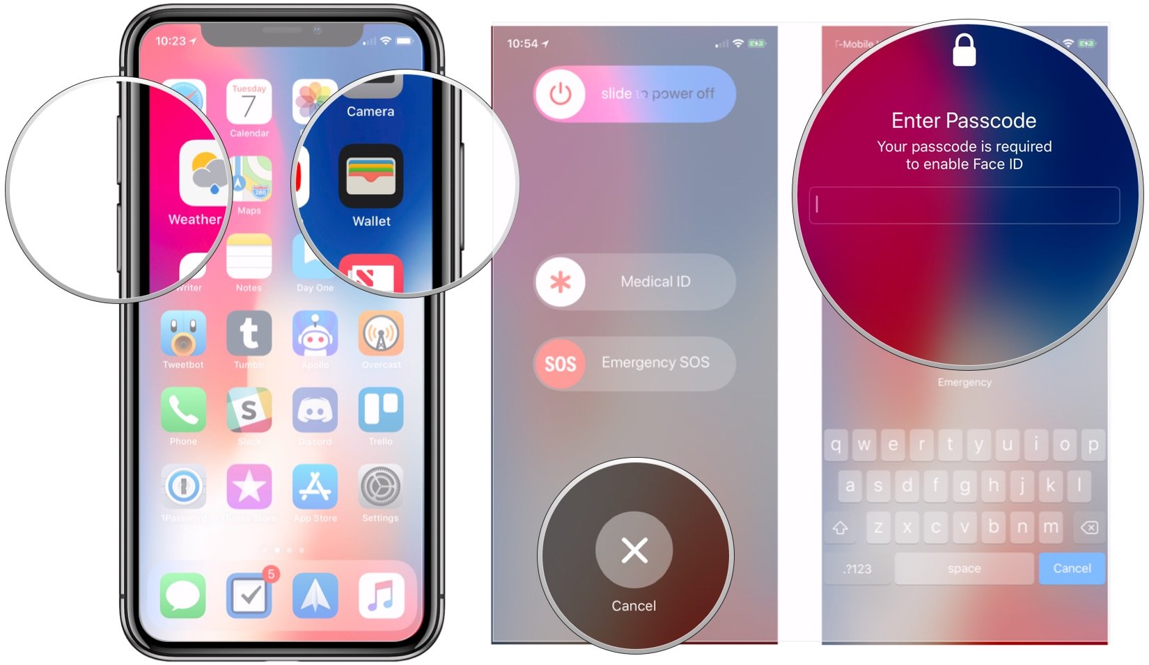 Temporarily disable Face ID or Touch ID: Press and hold Side and volume buttons, tap Cancel, enter password