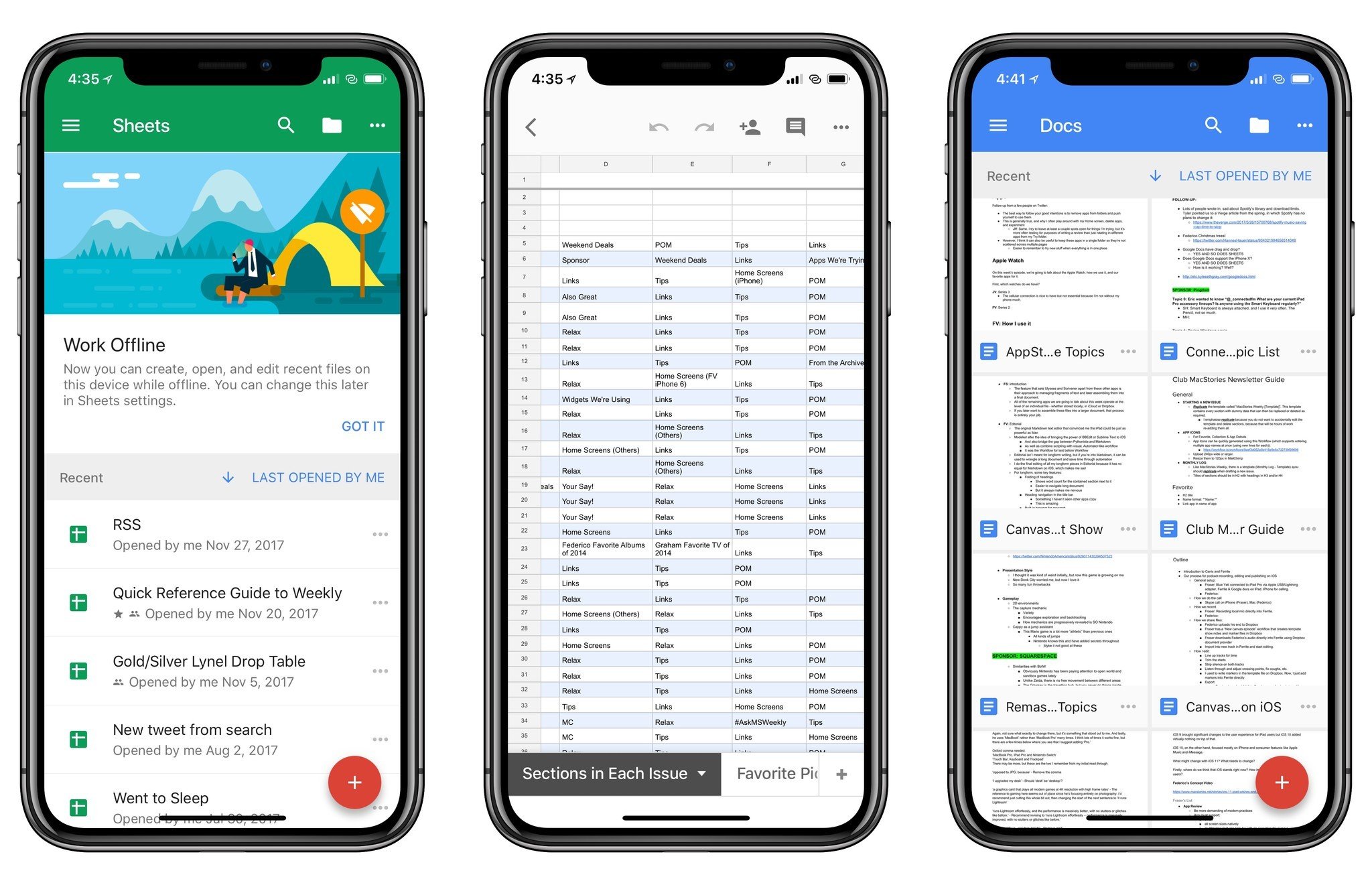 Google Docs, Slides, and Sheets shown on three iPhone X devices, with the apps taking up the entirety of the screen