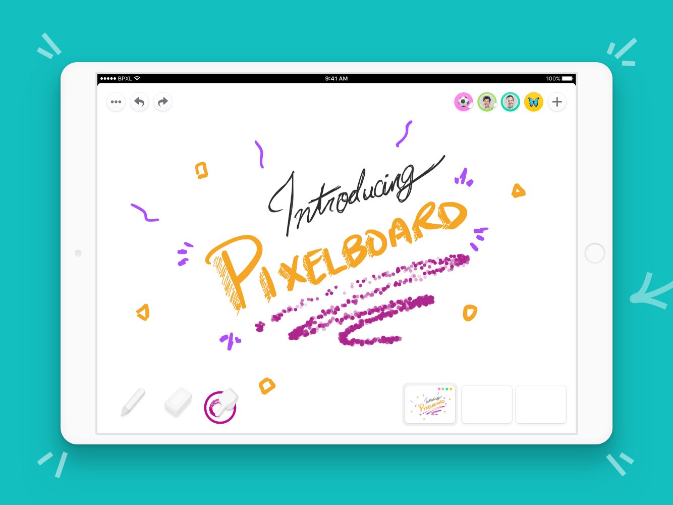 A graphic of a white iPad with Pixelboard pulled up on the screen. Written on the virtual whiteboard are the words 'Introducing Pixelbaord'