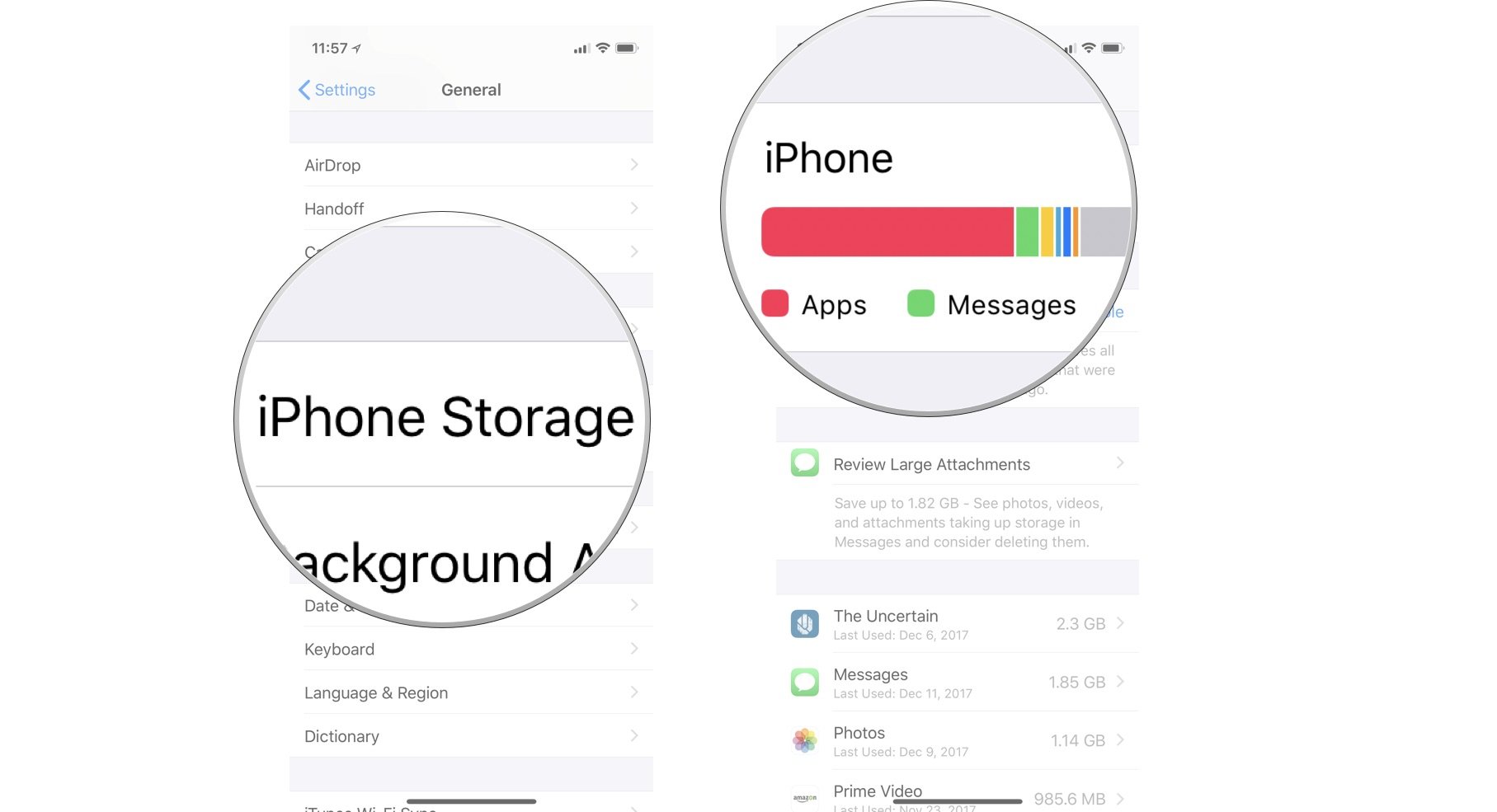 Checking your iPhone storage space showing the steps to Tap iPhone Storage