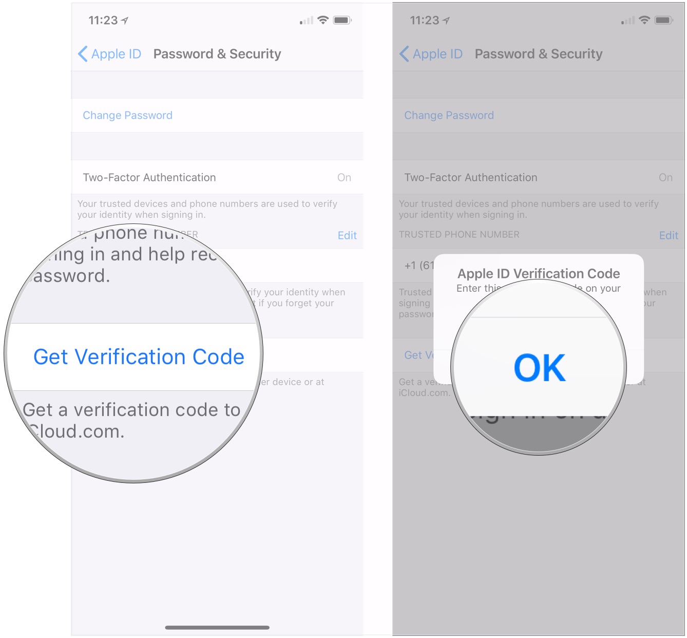 Двухфакторная аутентификация для Apple ID, показывающая шаги, чтобы нажать «Получить код подтверждения», нажать «ОК»