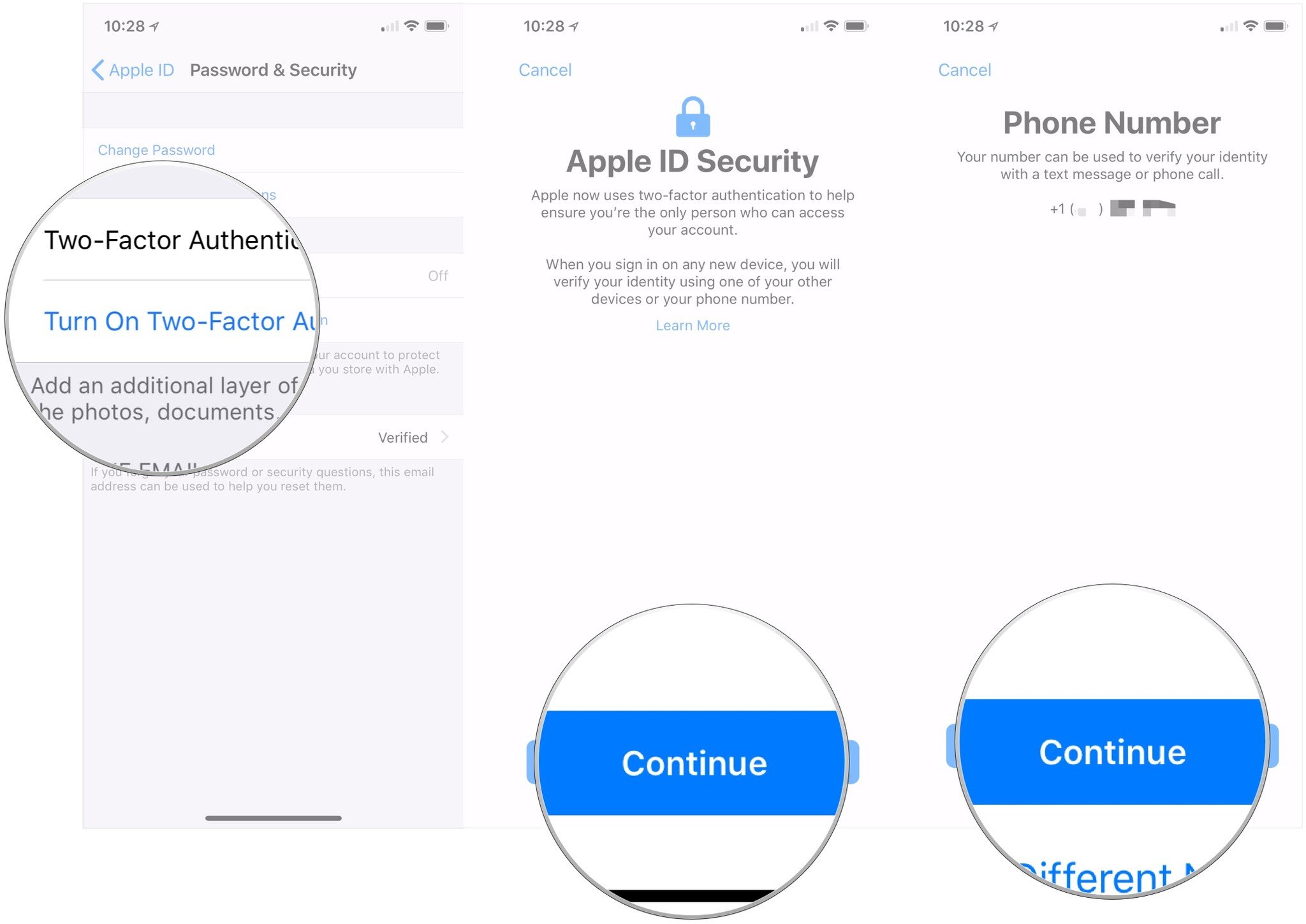 Turning on 2FA for Apple ID showing the steps to Tap Turn On Two-Factor Authentication