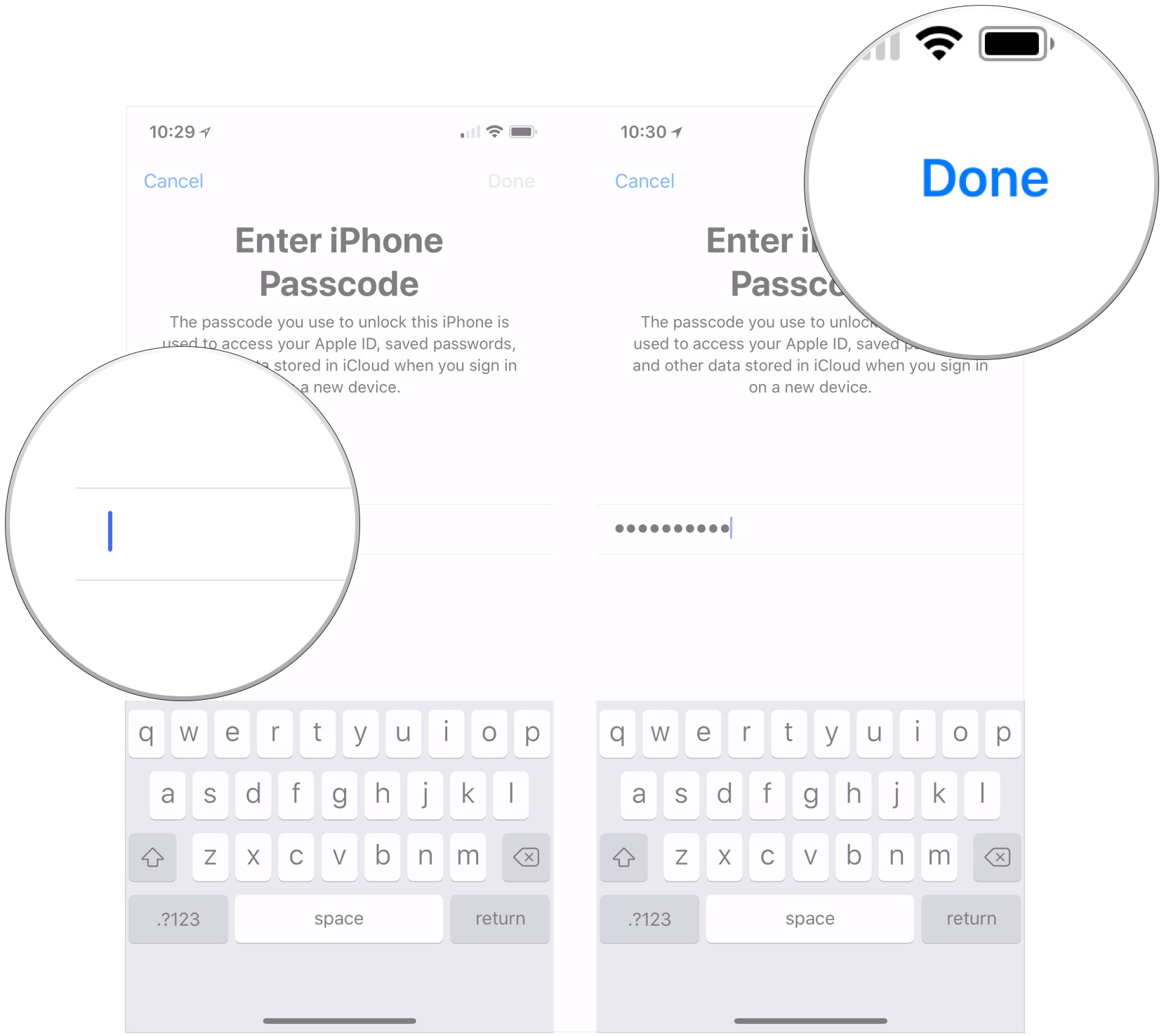 Turning on 2FA for Apple ID showing the steps to Enter passcode tap Done