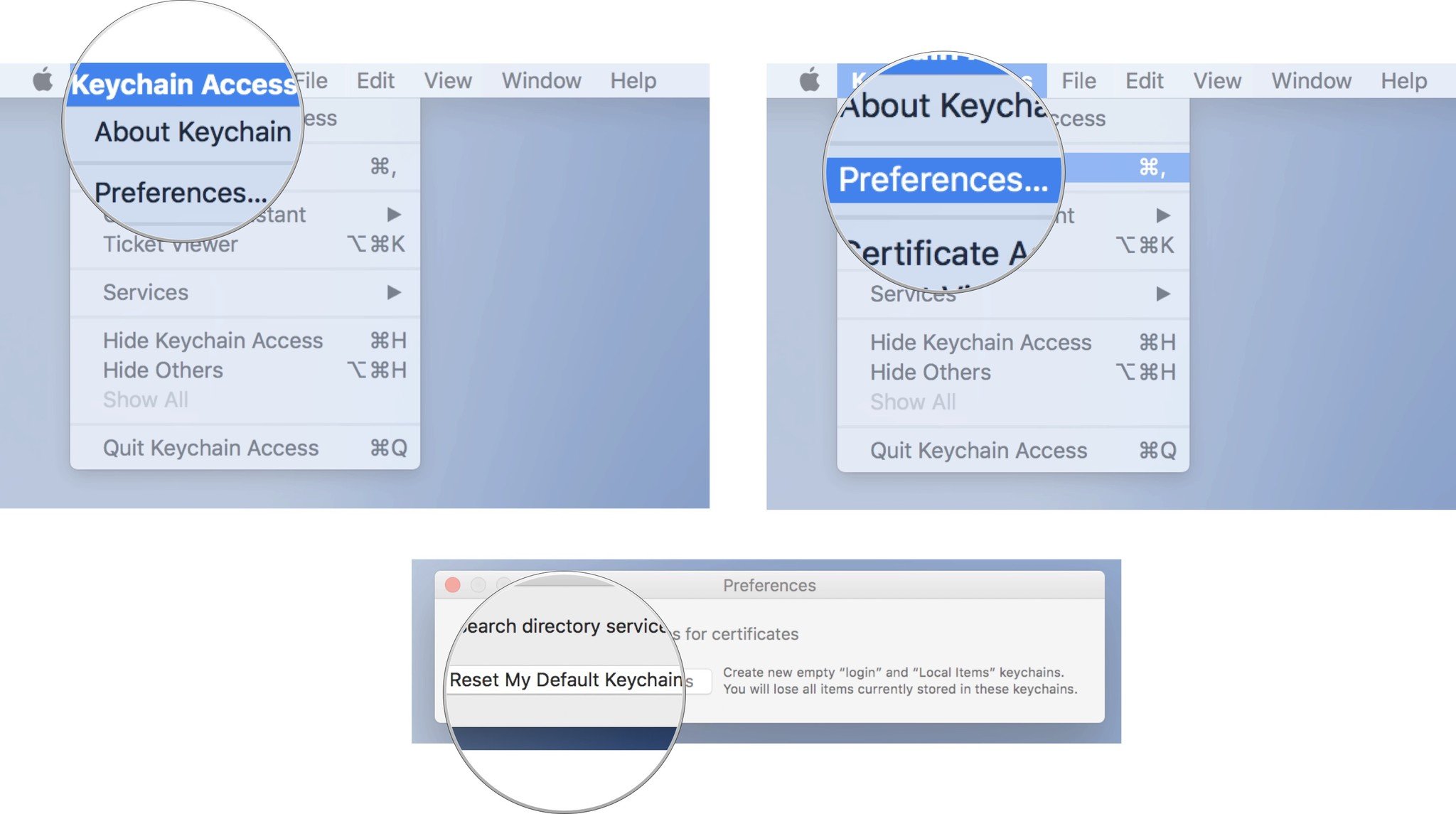 Click on Keychain Access in the menu bar, then click on Preferences, then click Reset my Default Keychains