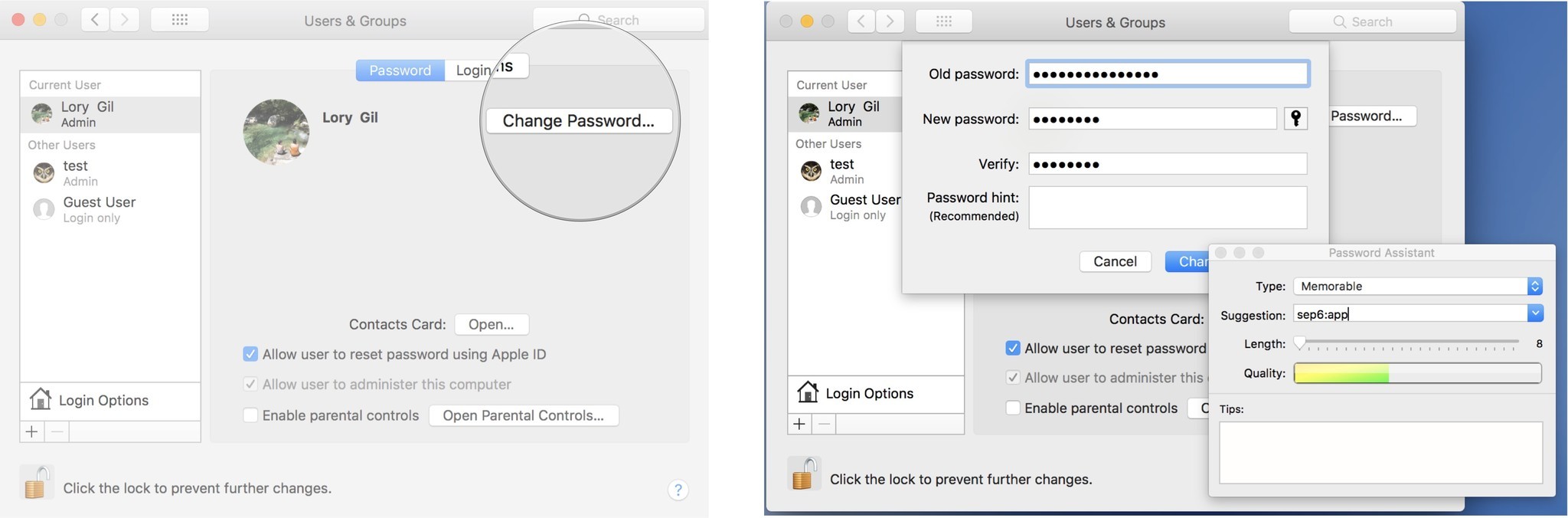 Click on Change Password, then enter the old and new passwords