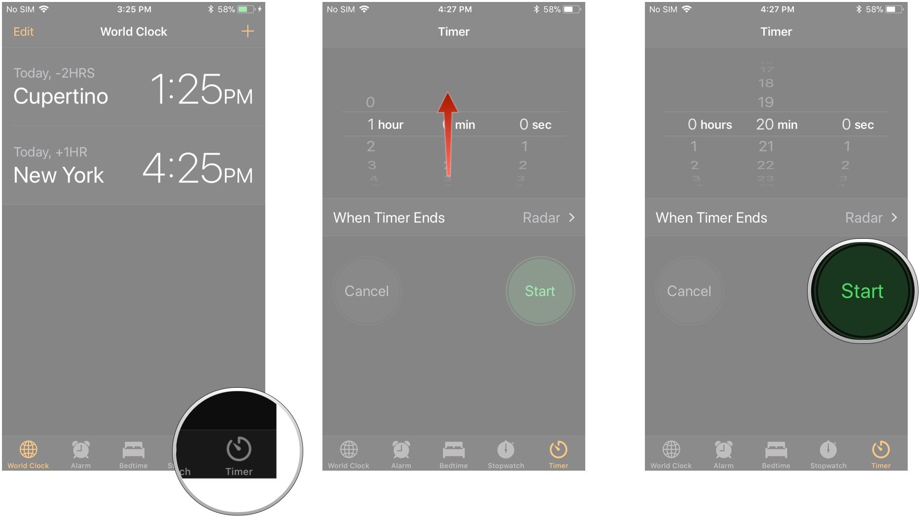 How to set a timer in iOS 15: Tap the Timer tab, swipe up and down to set the time, tap Start