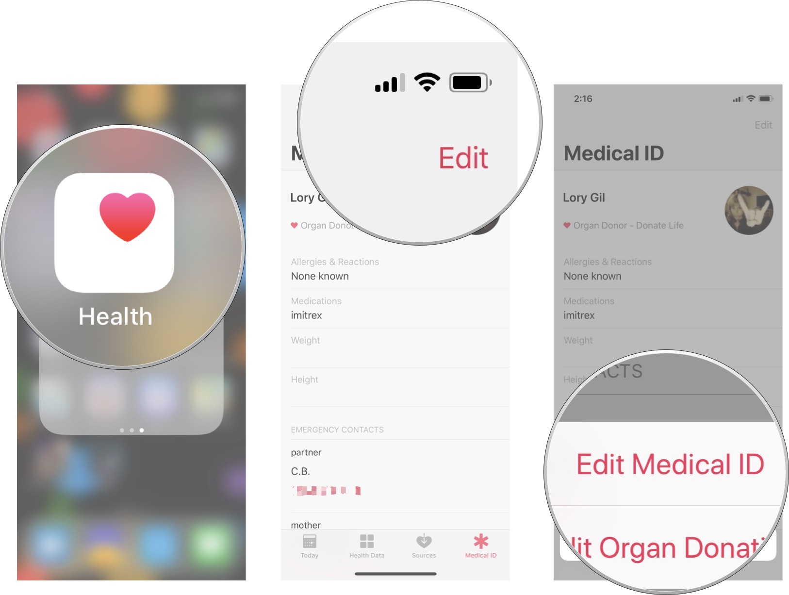 Open Health app, tap Edit, tap Edit Medical ID