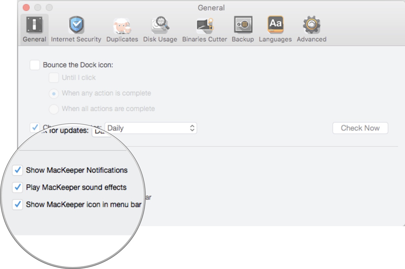 Uncheck the box for Show MacKeeper icon in menu bar
