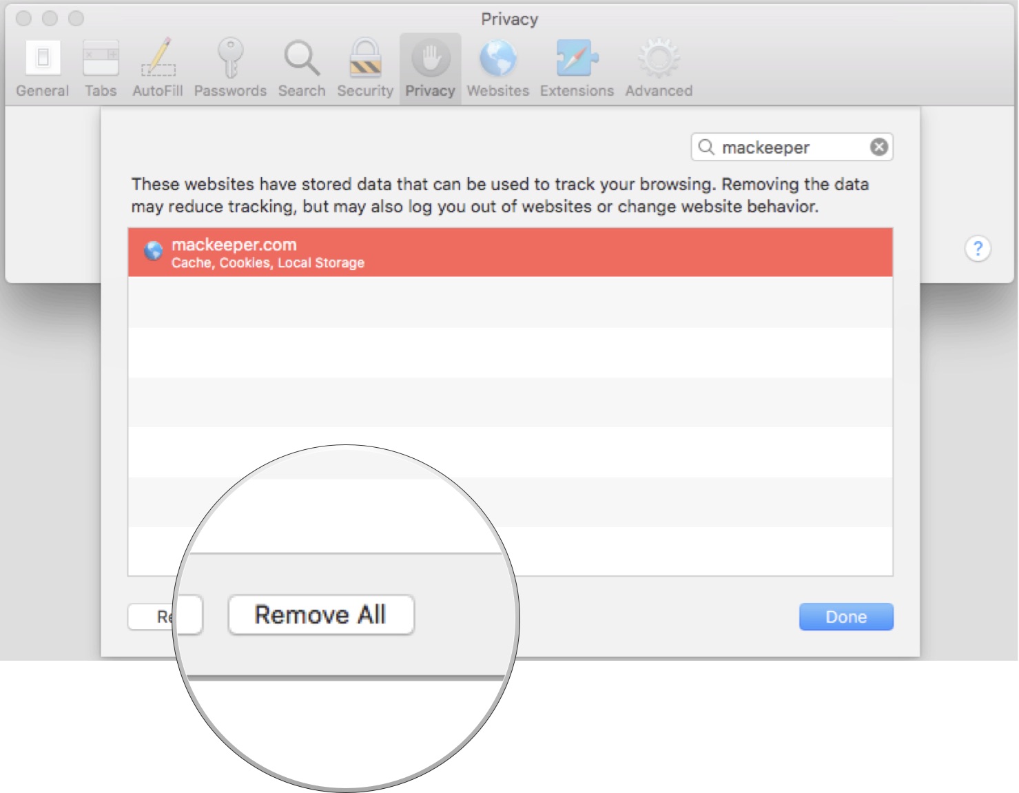 enter MacKeeper in the Search box to show any data related to MacKeeper and click Remove All