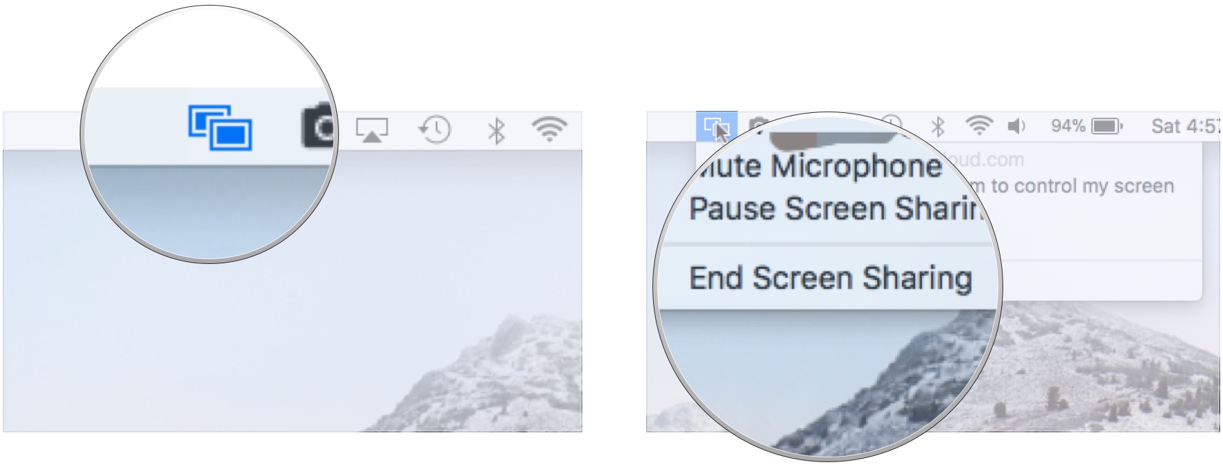 Click screen sharing icon in menu bar, click End Screen Sharing