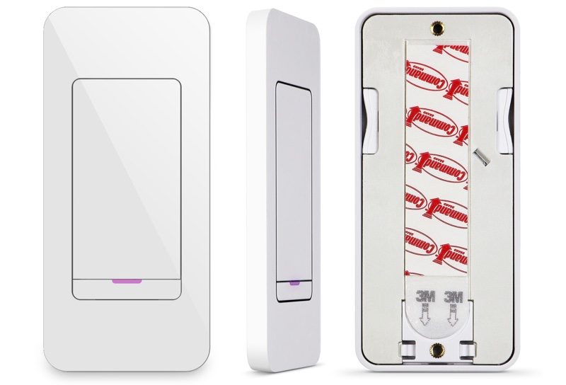 iDevices' Instant Switch from multiple views, showing the 3M adhesive on the back used to easily connect it to surfaces