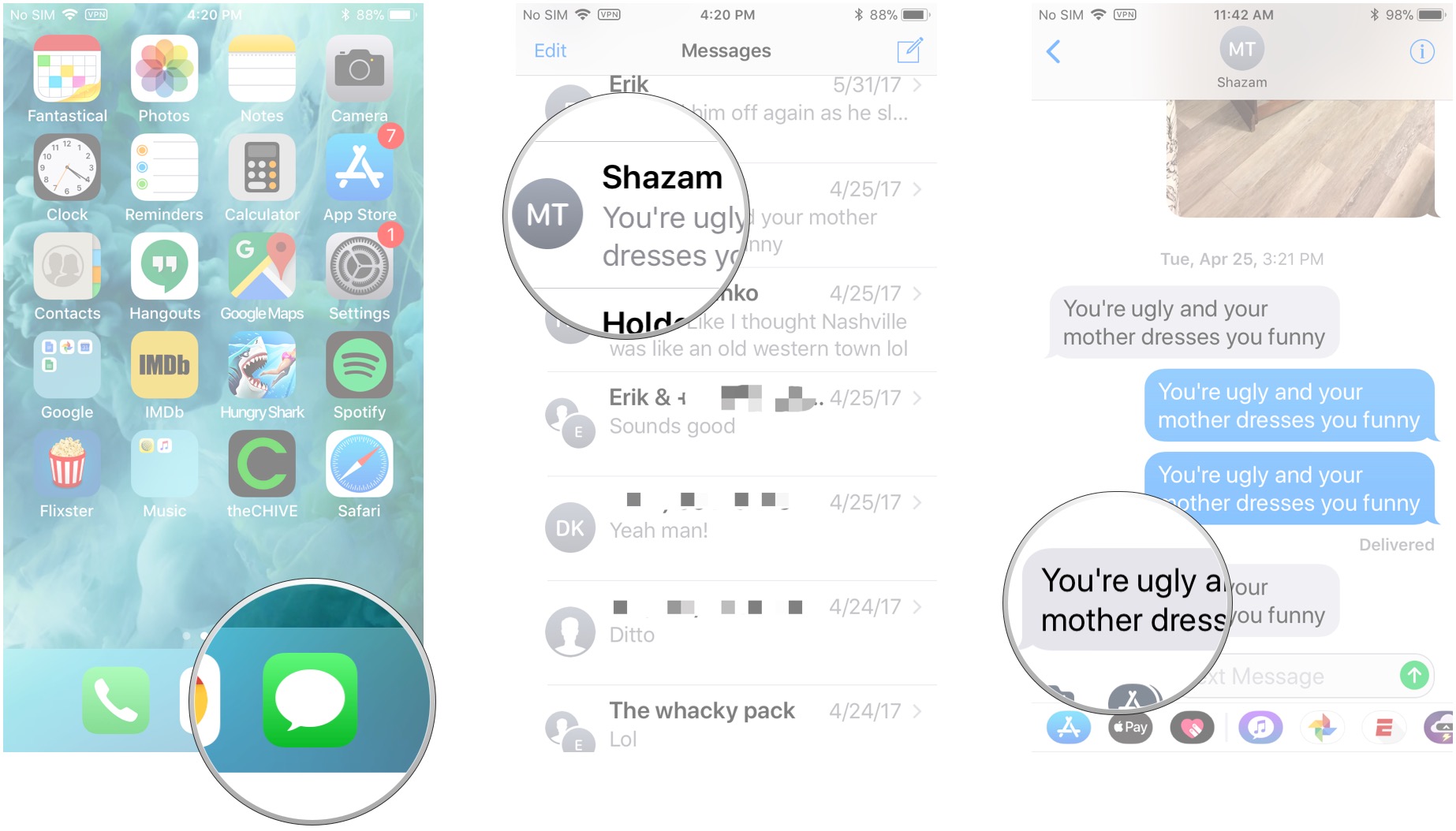 Launch Messages, tap a conversation, tap and hold a message