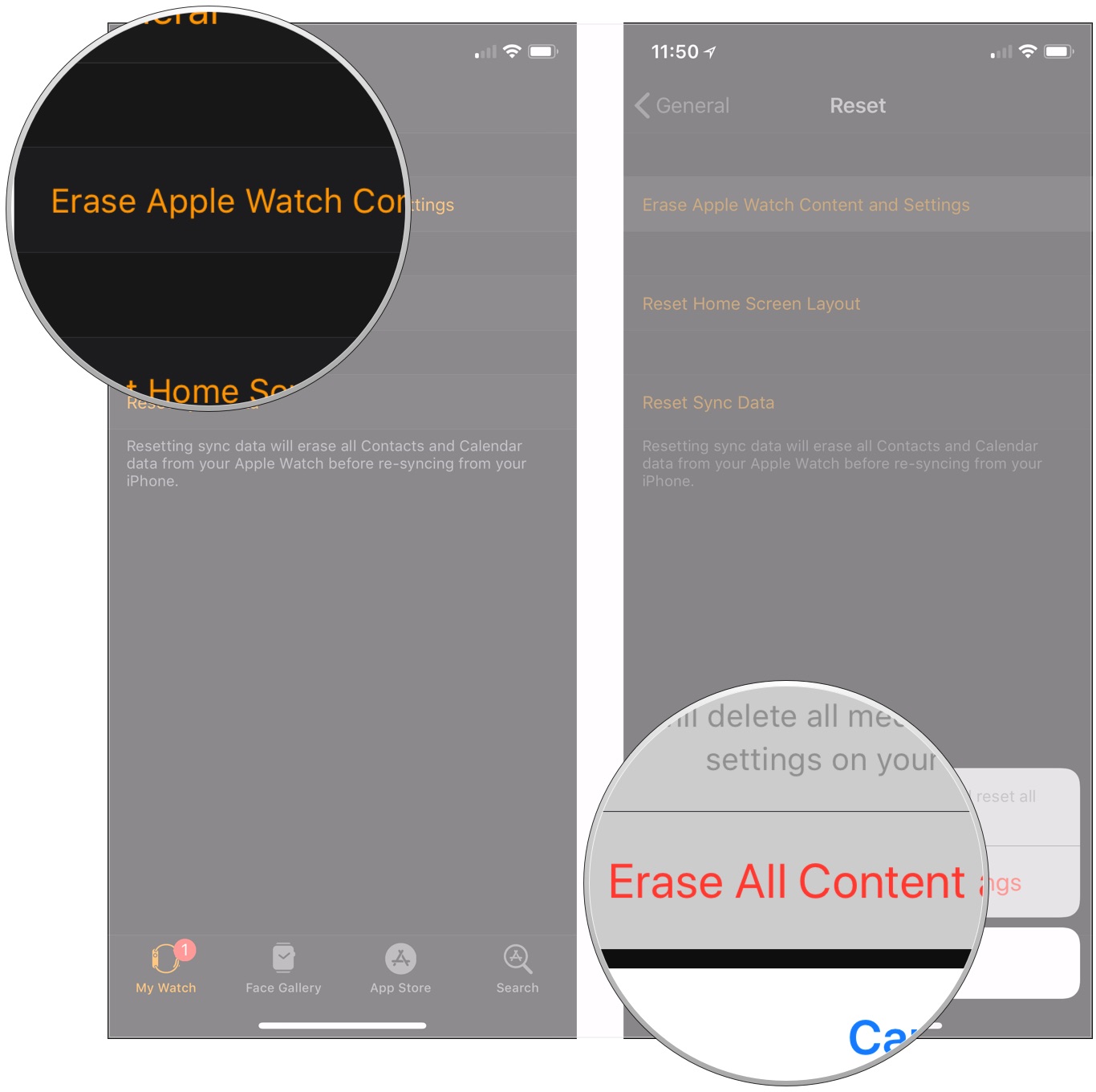 Tap Erase Apple Watch Content and Settings, tap Erase All Content and Settings